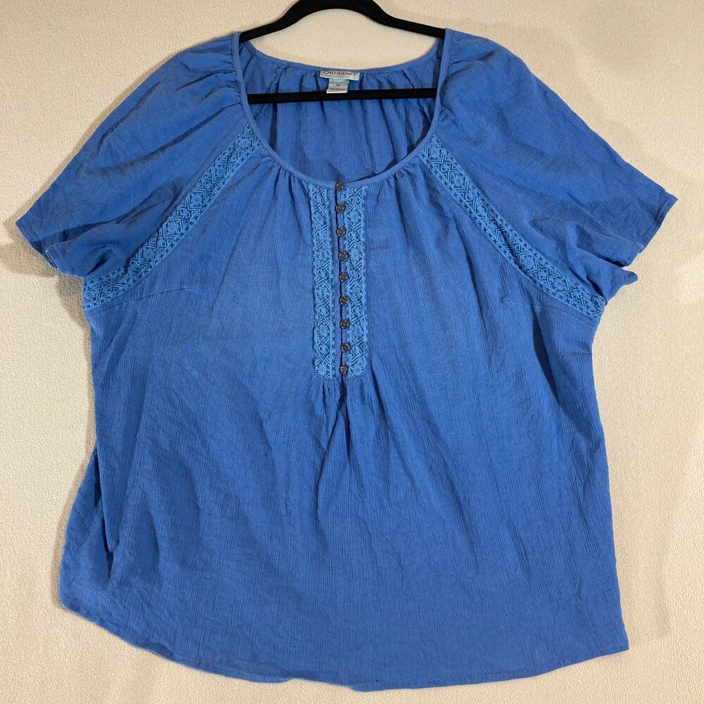 Catherines Top Women‎ 2X Blue Short Sleeve Scoop Neck Embroidered Gauzy Popover